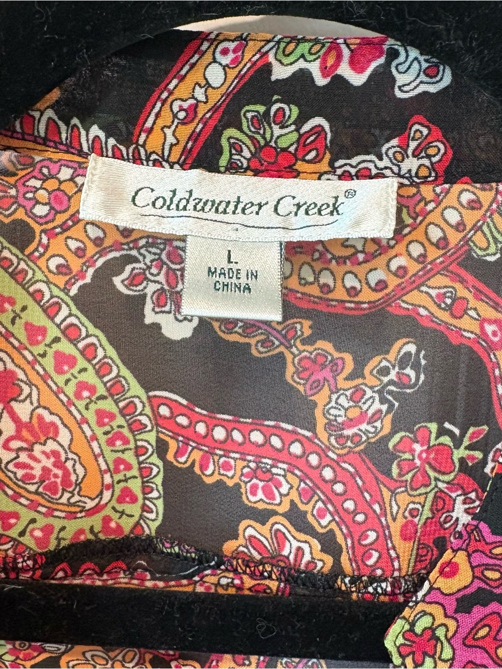 COLDWATER CREEK sheer colorful blouse black pink orange green L - Picture 3 of 3